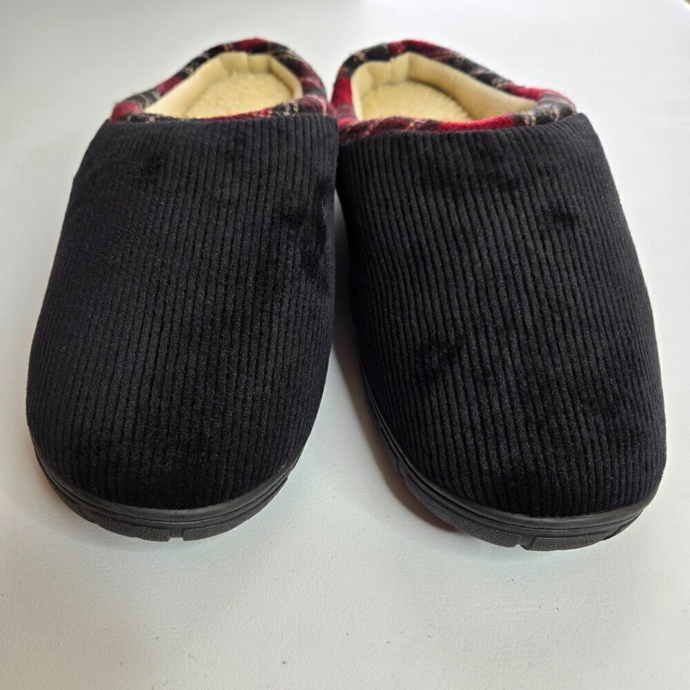 Totes Men's Black Corduroy Faux Fur Red Trim Memory Foam Slide Slippers Sz L - Picture 3 of 11